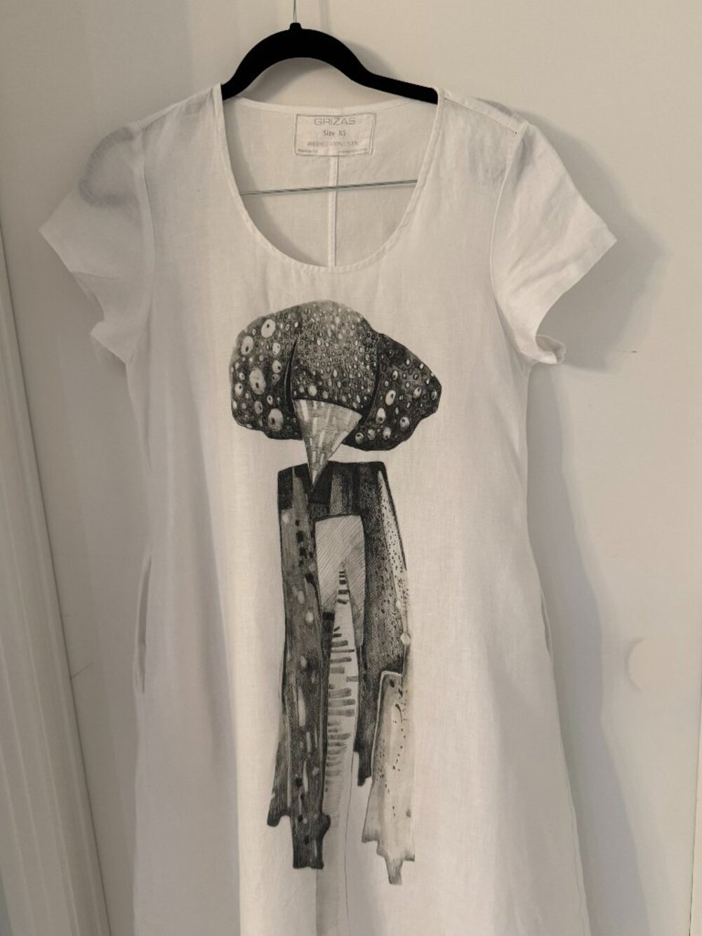 Grizas Linen Dress Short Sleeve Artsy Abstract Print White Maxi Midi, XS